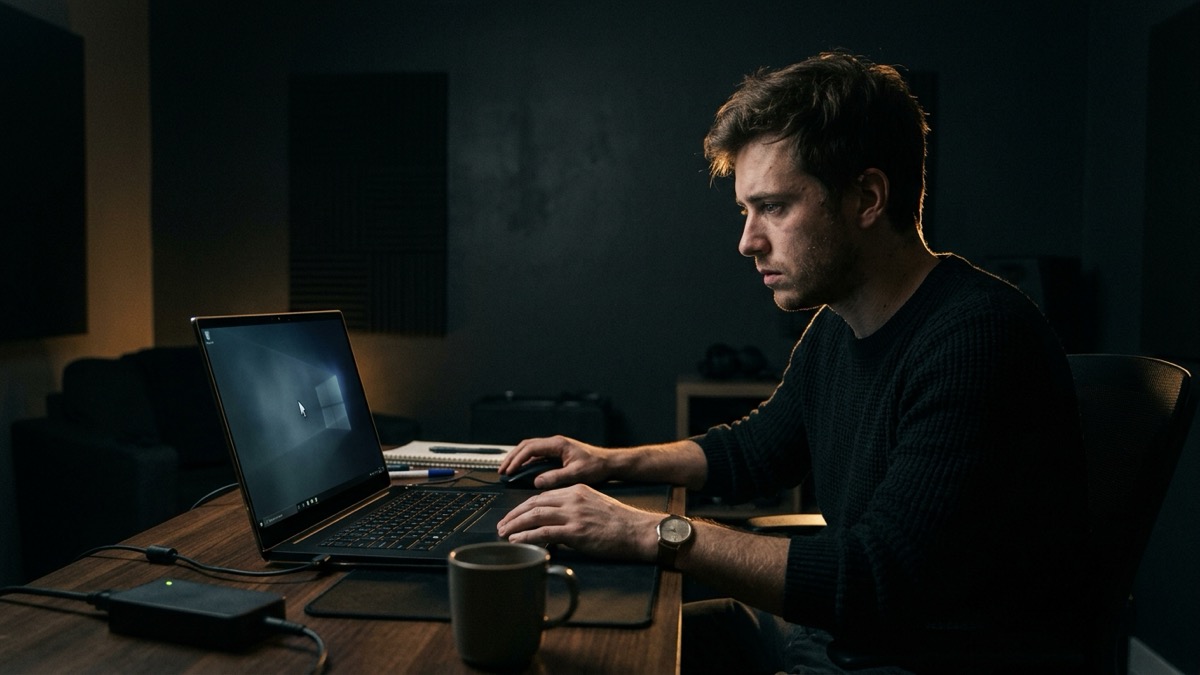 Frustrated person staring at a frozen laptop screen with a stuck cursor