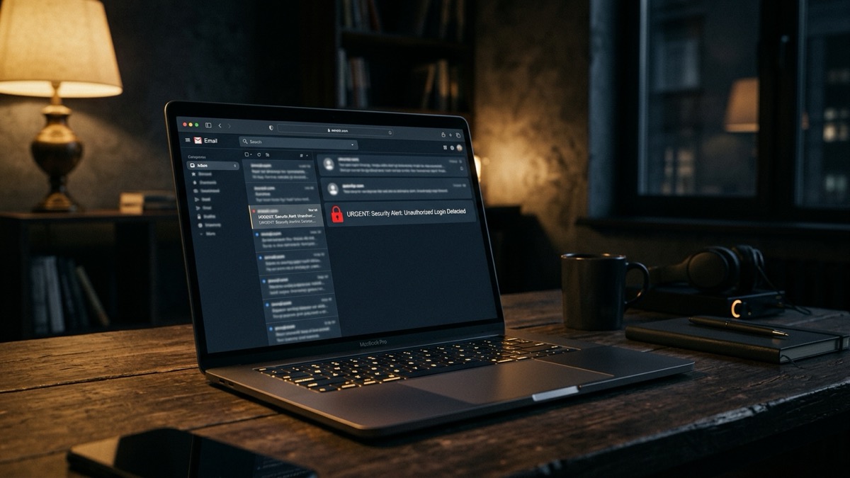 Person at a laptop reviewing Gmail security settings after a hacked account alert