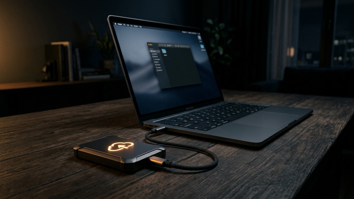 A laptop connected to an external SSD with a cloud backup icon overlaid, illustrating a layered backup strategy