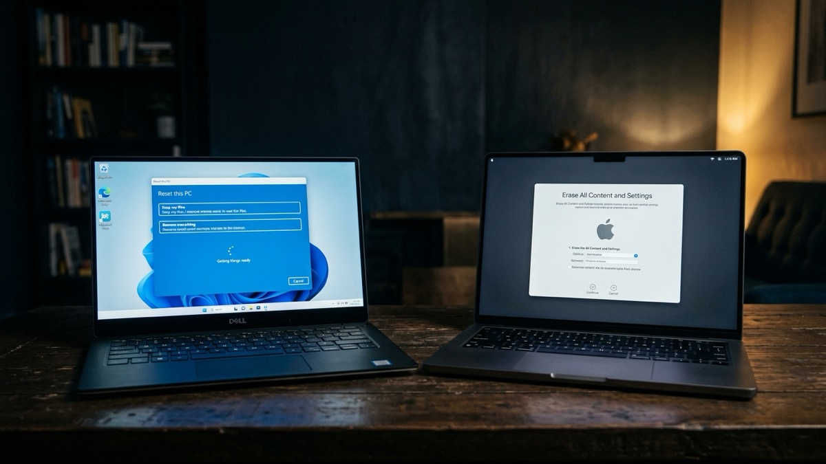 Laptop and MacBook side by side showing factory reset and erase-all-content screens