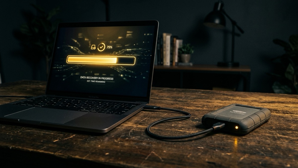 A laptop screen showing a file recovery scan in progress on a desk