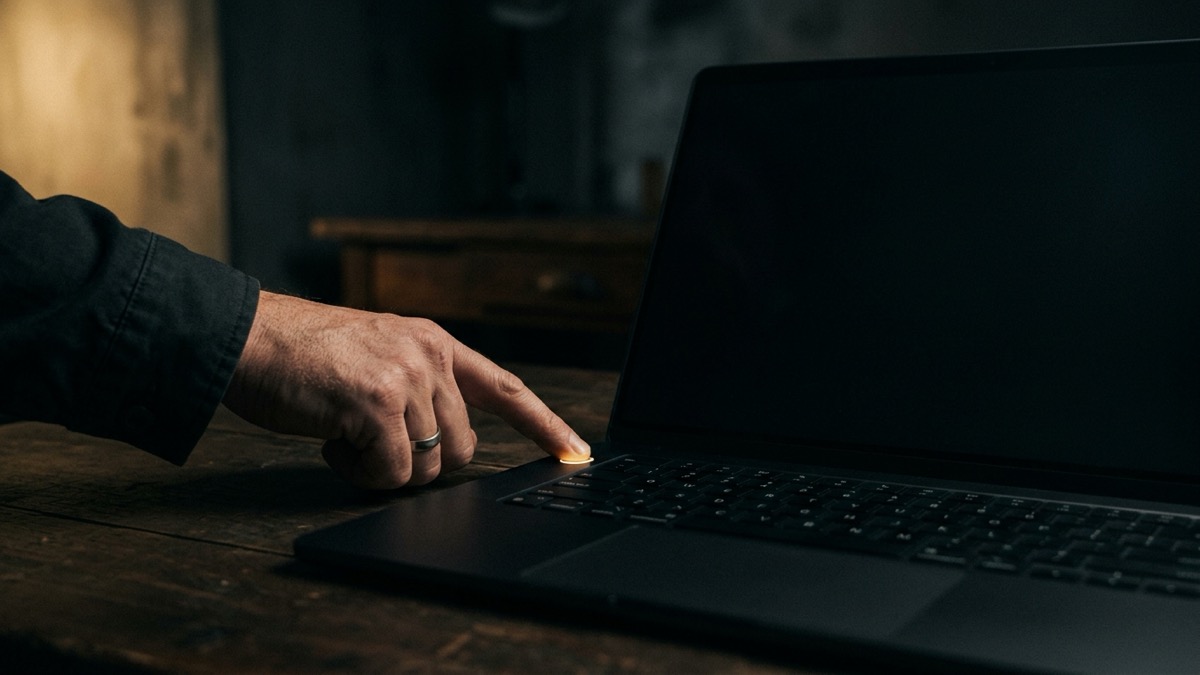 A laptop on a desk showing a black screen while a hand presses the power button, illustrating boot and startup problems