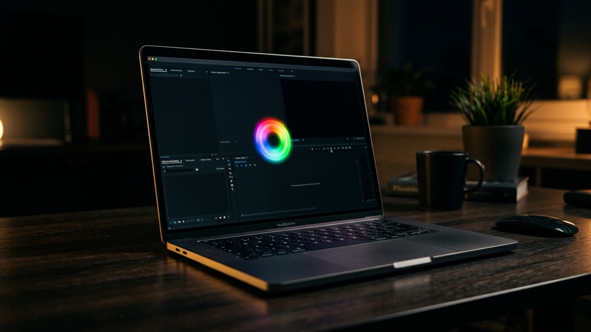 Close-up of a MacBook screen showing the macOS spinning rainbow wait cursor (beach ball) over a frozen app