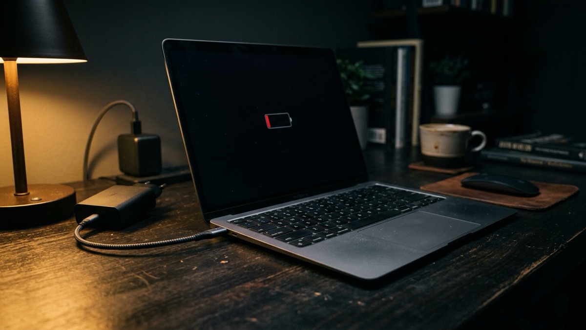 A MacBook plugged into a USB-C charger showing a battery icon that is not charging