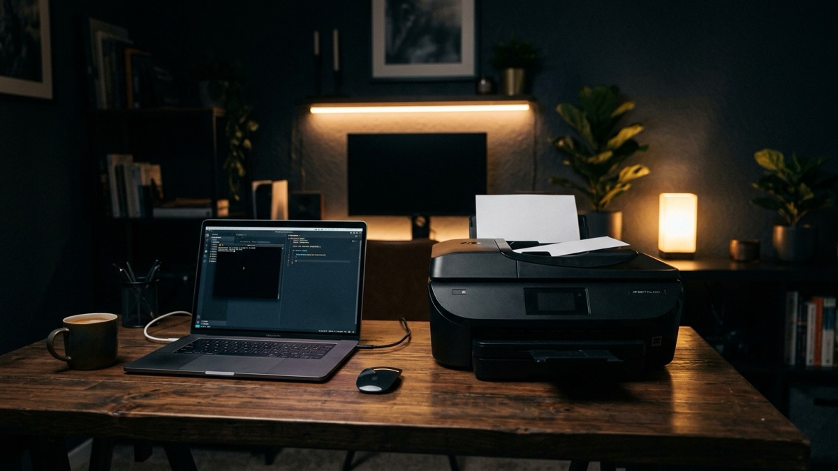 A frustrated person standing beside a home printer that displays an offline status while a laptop shows a stuck print queue
