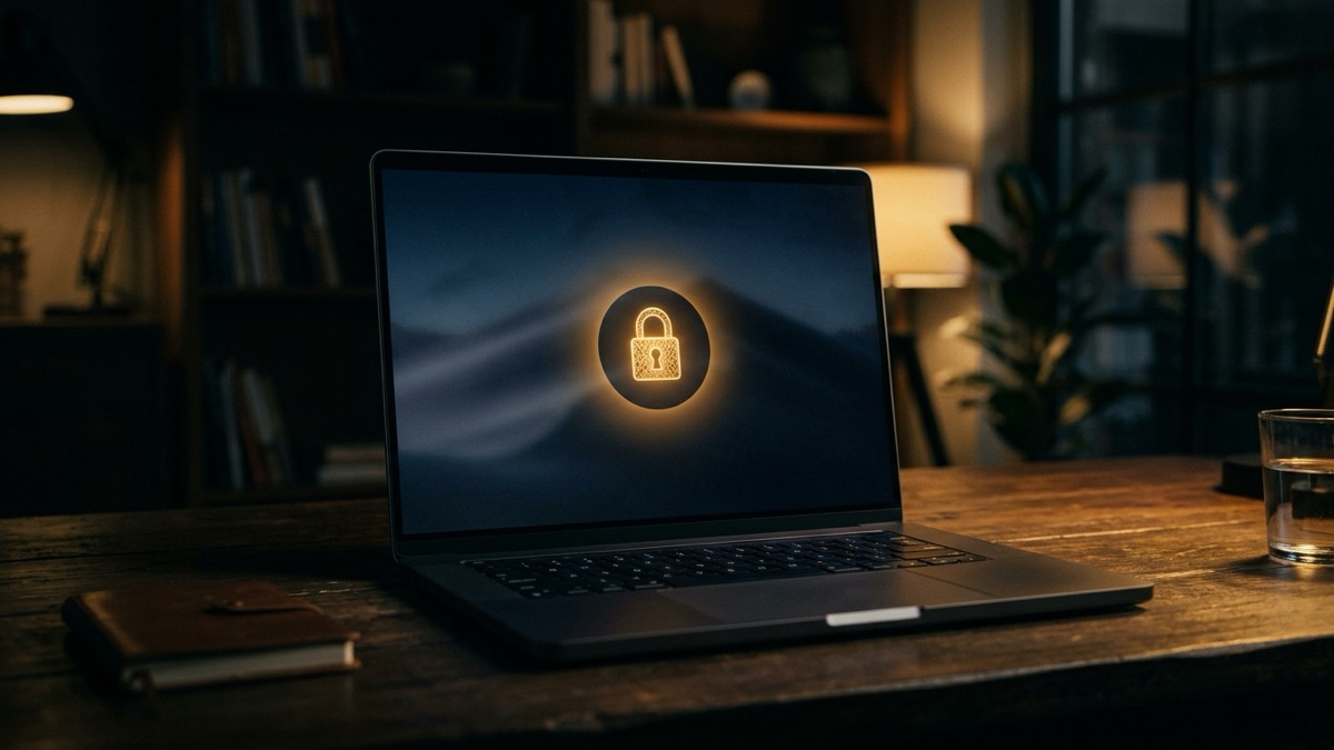 A MacBook login screen showing the password field and an Apple ID reset prompt