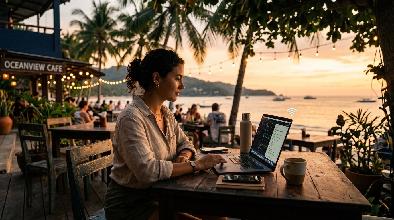 A remote employee configuring a corporate VPN connection on a laptop from a co-working space abroad