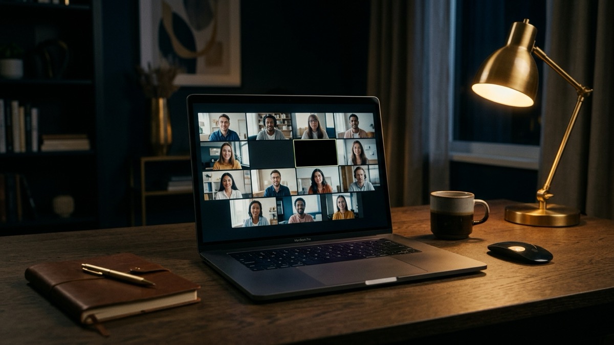 Laptop on a desk showing a black video tile during a Zoom call because the webcam is not working