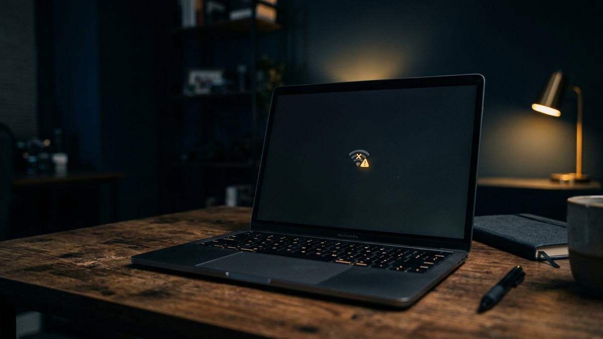 Laptop showing a WiFi icon with a warning triangle and "No Internet" status