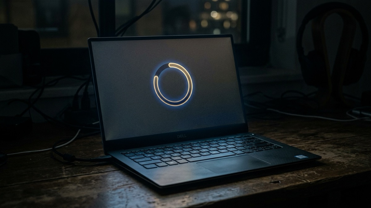 Windows 11 laptop showing an update progress screen stuck at a percentage with a hard drive activity light